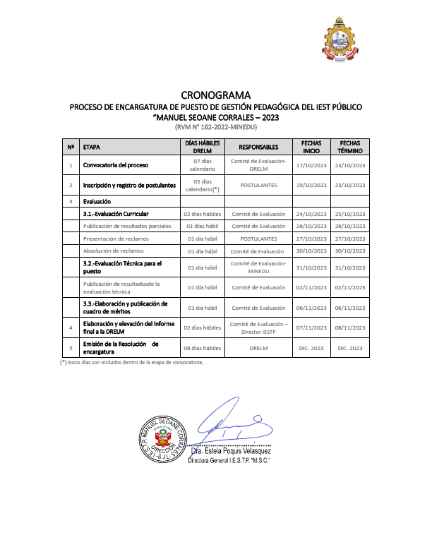 Cronograma de Encargatura de puesto de Gestión pedagógica 2023