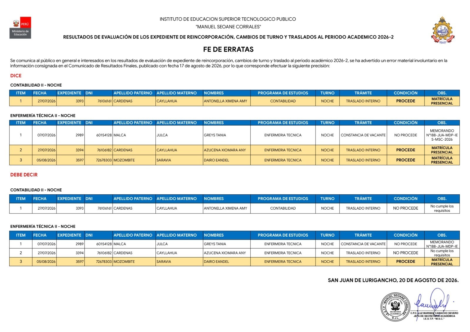 Fe de erratas que corrige información consignada en los resultados de reincorporación, cambios de turno y traslados del periodo académico 2026-2.