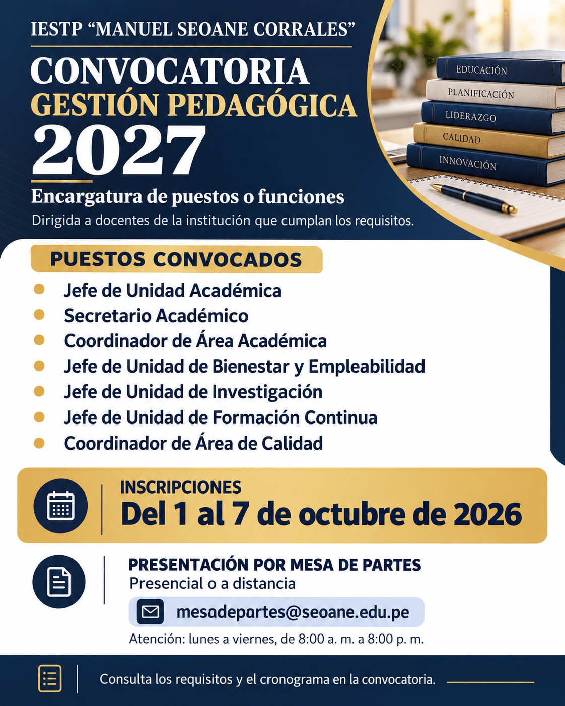 CONVOCATORIA PARA LA ENCARGATURA DE PUESTOS O FUNCIONES DE GESTIÓN PEDAGÓGICA 2027