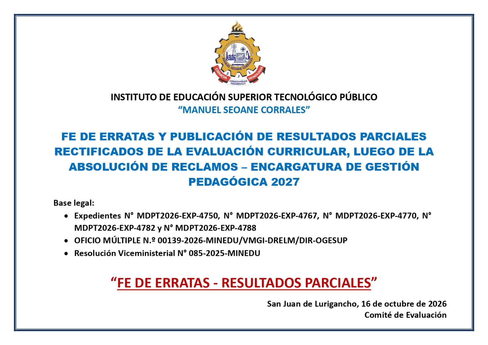 Fe de Erratas – Resultados Parciales Rectificados de la Evaluación Curricular 2027